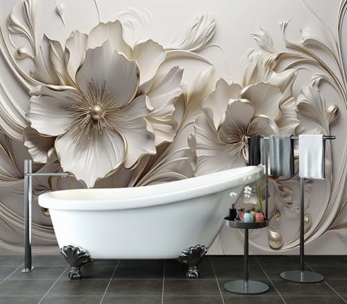 Peel and Stick 3D Embossed Flowers Wallpaper Beige Floral wall Mural - color: M11, size: 118"x85"