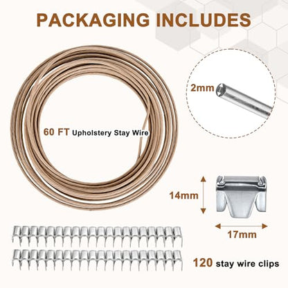60 FT Upholstery Stay Wire Sofa Spring Repair Kit with 120 Clips