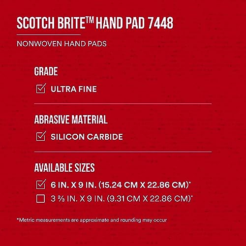 Scotch-Brite Ultra Fine Grade 7448 Hand Pad, Pack of 3, 6 in x 9 in Hand Pads, Nonwoven Silicon Carbide, Surface Preparation, Scuffing, and Cleaning, Gray