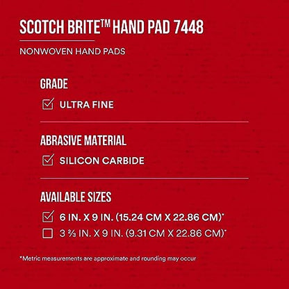 Scotch-Brite Ultra Fine Grade 7448 Hand Pad, Pack of 3, 6 in x 9 in Hand Pads, Nonwoven Silicon Carbide, Surface Preparation, Scuffing, and Cleaning, Gray