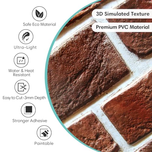 Commomy Faux Brick Wall Panels Peel and Stick Thin PVC 10 Pcs 11.8" x 11.8" - color: Brick-WK