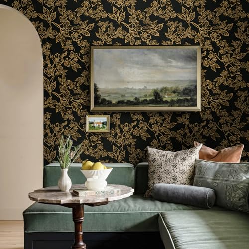Ismoon Dark Floral Peel Stick Wallpaper Black Gold Wallpaper 17.3x78.7in - color: Black/Gold, size: 17.3" x 78.7"
