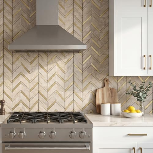 Yipscazo 10-Sheet Herringbone Peel and Stick Backsplash, Beige Stone Mixed Metal Gold PVC Stick on Tiles for Kitchen, Waterproof Self Adhesive Wall Tiles for Bathroom - color: Beige Stone