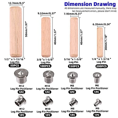 Glarks 508Pcs 1/4" 5/16" 3/8" 1/2" Wooden Dowel Pins Beveled Ends Fluted Dowel with 6/8/10/12MM Solid Hollow Dowel Tenon Center Transfer Plugs Set for Easy Insertion Furniture Door Crafts Projects