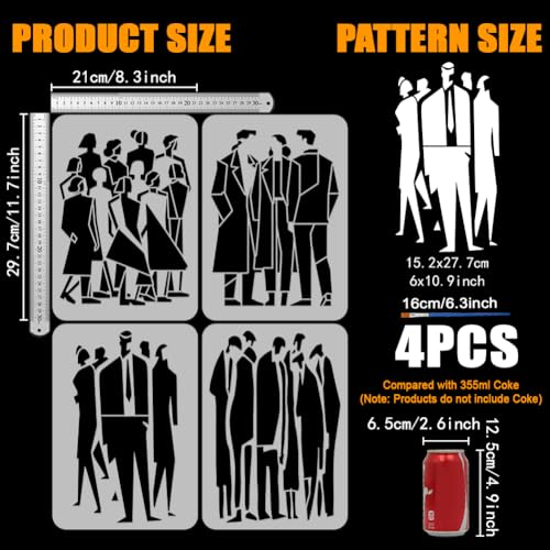 FINGERINSPIRE 4PCS Human Wave Painting Stencils 8.3x11.7 inch with a Brush Modern People Stencils Male & Female Figure Drawing Templates for Fashion Design Art Drawing Wall Painting Craft Projects - style: Human Wave
