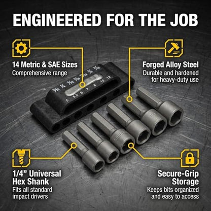 Drilax 14-Pc Nut Driver Bit Set, SAE & Metric, 1/4 in Hex, Impact Ready