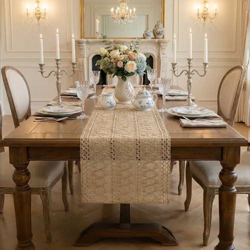 Burlap Boho Table Runner Macrame Brown 60in Farmhouse Woven Runner - color: Brown, size: 12'' x 60''