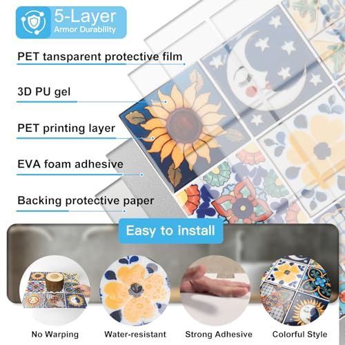 Art3d Talavera Design Peel and Stick Backsplash, 10-Pack, Sun & Moon Floral - color: Sun & Moon Floral