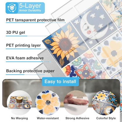 Art3d Talavera Design Peel and Stick Backsplash, 10-Pack, Sun & Moon Floral - color: Sun & Moon Floral