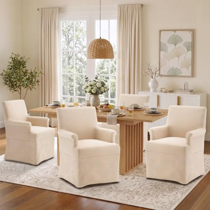 Arm Dining Chair Fabric Long Skirt Slipcovered High Back Upholstered Dinner - color: Beige, size: 6 PCS