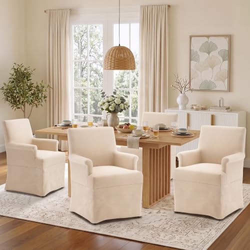 Arm Dining Chair Fabric Long Skirt Slipcovered High Back Upholstered Dinner - color: Beige, size: 1 PC
