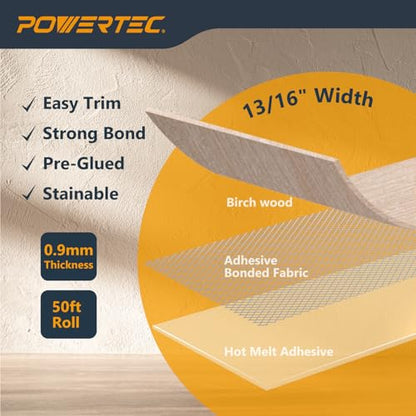 POWERTEC Birch Edge Banding – 13/16" x 50 Ft Pre-Glued Veneer Edging Tape Roll for Cabinet Repair, Furniture Restoration, Shelving & DIY Projects (72369) - color: Birch