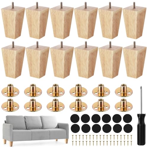 Kigley Set of 12 Wood Furniture Legs 4 Inch Sofa Leg Solid Square Couch Feet Mid-Century Bed Legs Replacement for Sofa Armchair Recliner Coffee Table Dresser (Burlywood)(Burlywood) - color: Burlywood