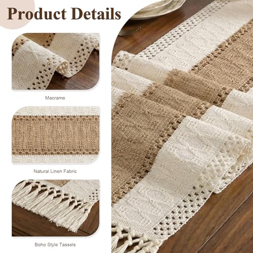 Boho Macrame Table Runner with Tassels 108in Brown Farmhouse Runner - color: White & Brown, size: 12'' x 108''