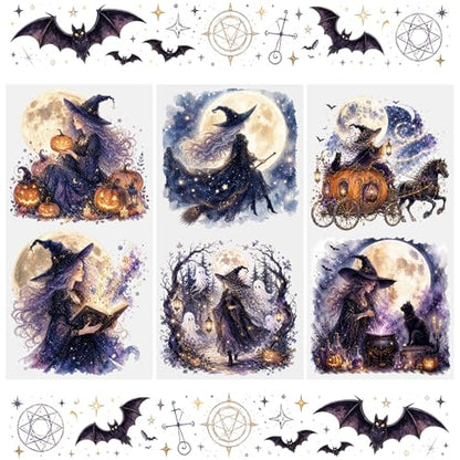 WANDIC 3 Sheets Halloween Rub on Transfer Stickers, Purple & Black Fantasy Full Moon Witch Waterproof Decal for Crafts Furniture Scrapbook Album Laptop - color: Full Moon Witch