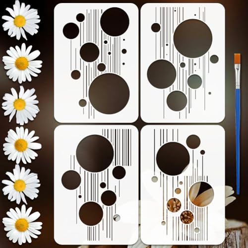 FINGERINSPIRE 4PCS Geometric Circles and Lines Interweave Painting Stencil with Paint Brush 8.3x11.7inch Round Lines Pattern Drawing Template Plastic Geometry Theme Stencil for Painting on Wood - style: Geometric Circles and Lines Interweave