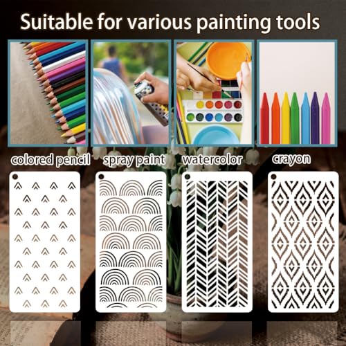 12 Sheets Boho Aesthetics Stencil for Painting, Rainbow Flower Square Modern Texture Drawing Stencil Geometric Reusable Art Stencils Template for Painting on Wall Wood Home Decor - style: Boho Aesthetics