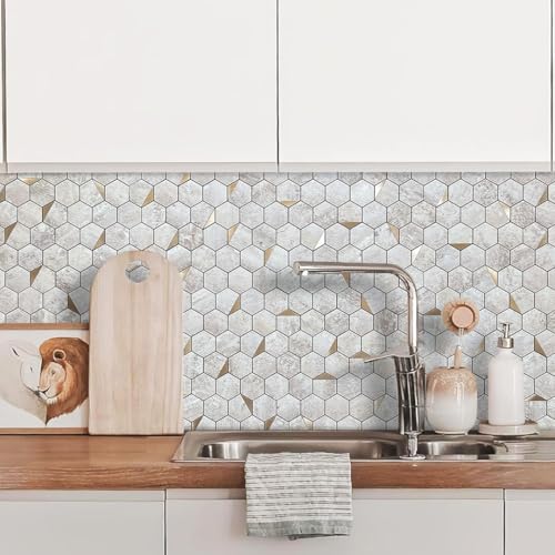 DICOFUN 10-Sheet Hexagon Tile Peel and Stick Backsplash, Beige Stone Look PVC Mixed Gold Metal Mosaic Tiles for Kitchen and Bathroom - color: Stone Beige + Gold Metal Chip, size: 10 Sheets, 12''x12''x0.12''