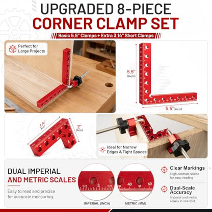 8Pcs Right Angle Clamps, 5.5" & 3.14" Precise Woodworking Corner Clamps