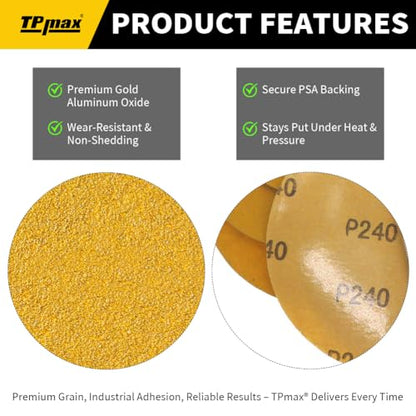 100PCS 5 Inch PSA Sanding Discs 220 Grit | Self-Adhesive Sandpaper Roll for DA Sanders, Orbital Sander | Gold Aluminum Oxide Sticky Back Abrasive Discs for Automotive, Woodworking, and Metal Polishing