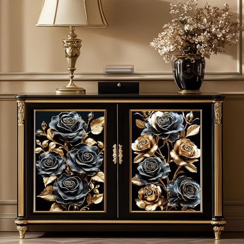 Peacoblue Black and Gold Rose Rub On Transfers for Furniture Craft 6"x12" - style: Black and Gold Rose
