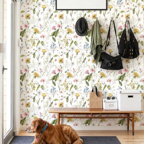 Jeweluck Floral Peel and Stick Wallpaper Wildflower Leaf 16.9"x118.1" - size: 16.9" x 118.1"