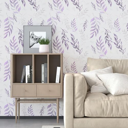 Laatse Light Purple Leaf Floral Wallpaper Peel and Stick 17.5"x393" - color: Purple&White, size: 17.5" x 393"