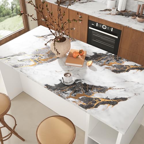 VEELIKE Black White Marble Contact Paper with Gold Veins Peel and Stick Countertops Waterproof Thick Marble Wallpaper for Kitchen Bathroom 15.7''x118'' Self Adhesive Granite Vinyl Countertop Covers - size: 15.7" x 118"
