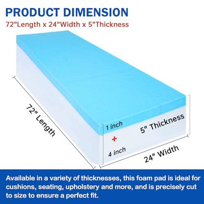 5"x24"x72" Upholstery Foam High Density Gel Memory Foam Cushion - size: 72"X24"x5