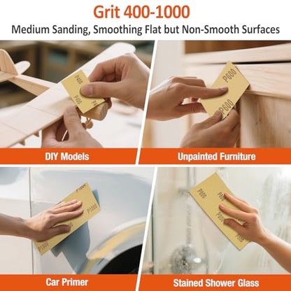 Sand Paper Assortment, 52 Sheets Assorted Grits 120/150/180/240/320/400/600/800/1000/1500/2000/2500/3000, 4 Sheets Each, 9 x 3.6 Inches, Dry & Wet Sanding, Abrasive Sanding Sheets