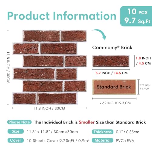 Commomy Faux Brick Panels Peel and Stick Wall Stickers 10 Pcs 11.8" x 11.8" - color: Brick-WR