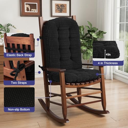 idee-home Rocking Chair Cushions Indoor, Thick Tufted Rocker Chair Cushions - color: Solid Black, size: 28 X 19 X 4 In & 16 X 19 X 4 In