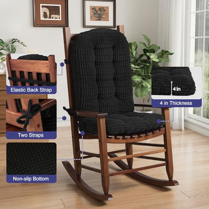 idee-home Rocking Chair Cushions Indoor, Thick Tufted Rocker Chair Cushions - color: Solid Black, size: 28 X 19 X 4 In & 16 X 19 X 4 In