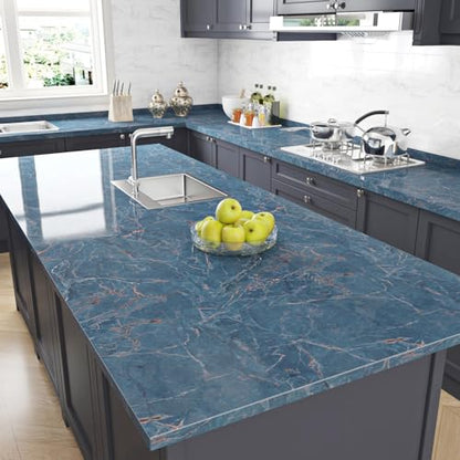 Livelynine 15.8x394 Marble Wall Paper Kitchen Countertop Peel and Stick Wallpaper Waterproof Contact Paper for Countertops Renter Friendly PVC Marble Table Top Vinyl Wrap Dark Blue Red Brown Sticker - color: Blue and Brown, size: 15.8" x 394"