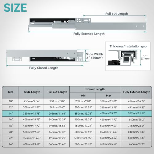 14 Inch Bottom Mount Soft Close Drawer Slides, 88 lbs Capacity - size: 14 Inch