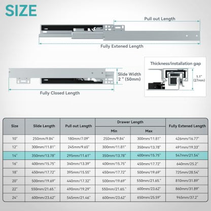 14 Inch Bottom Mount Soft Close Drawer Slides, 88 lbs Capacity - size: 14 Inch
