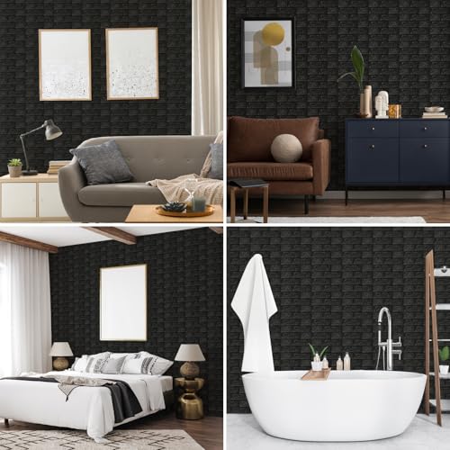 Peel and Stick 3D Foam Wall Panels, Self Adhesive Wallpaper - color: Black, size: 10 Pack