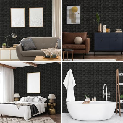 Peel and Stick 3D Foam Wall Panels, Self Adhesive Wallpaper - color: Black, size: 10 Pack