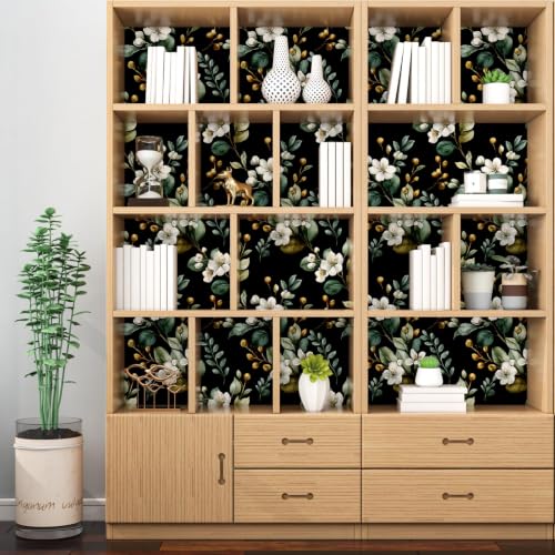 Black Green Dark Moody Floral Peel and Stick Wallpaper 17.5" x 118" - color: Black/Green/White, size: 17.5" x 118"