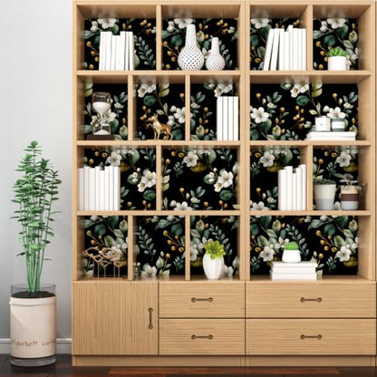 Black Green Dark Moody Floral Peel and Stick Wallpaper 17.5" x 118" - color: Black/Green/White, size: 17.5" x 118"