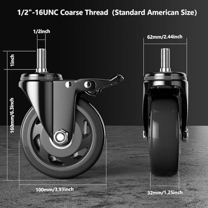 4 Inch Casters Set of 4 Heavy Duty 1/2"-13x1 Threaded Stem Caster Wheels - color: Black, size: 4in(1/2"-13)