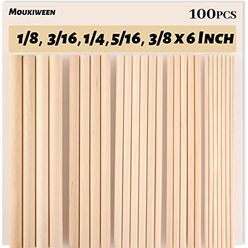 Wooden Dowel Rods, 100PCS 1/8, 3/16, 1/4, 5/16, 3/8 x 6 Inch Assorted Sizes Round Wooden Sticks for Arts Crafts, Home Decor, Cake Support, Unfinished Natural Hardwood Sticks - size: 1/8, 3/16, 1/4, 5/16, 3/8 x 6 Inch (100PCS)