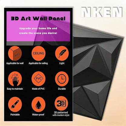 3D Wall Panels 33 Pack, 12×12 Inch Black Diamond Textured PVC Wall Panels, 32 Sq.Ft Coverage, Modern 3D Decorative Wall Tiles, Interior Accent Wall Panels for Living Room, Bedroom,Office, Hotel