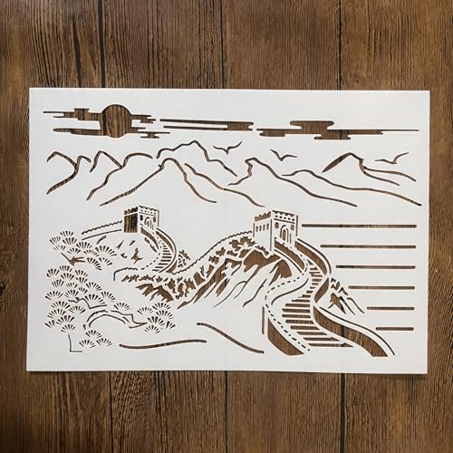 TIAMECH A4 Reusable Chinese Great Wall Landscape Stencil for Painting - style: Chinese Great Wall Landscape