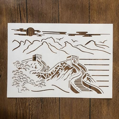 TIAMECH A4 Reusable Chinese Great Wall Landscape Stencil for Painting - style: Chinese Great Wall Landscape