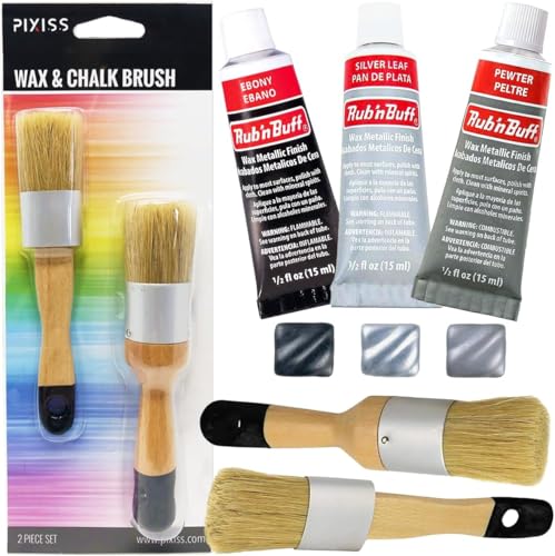 Rub 'n Buff Silver Tones and Pixiss Wax Brushes - 15ml of Silver Leaf, Pewter, Ebony - Gilding Wax Paint with Customizable Sheen - Dries Quick to a Metallic Finish - Round and Flat Boar Hair Bristles - color: Silver Leaf, Pewter, Ebony