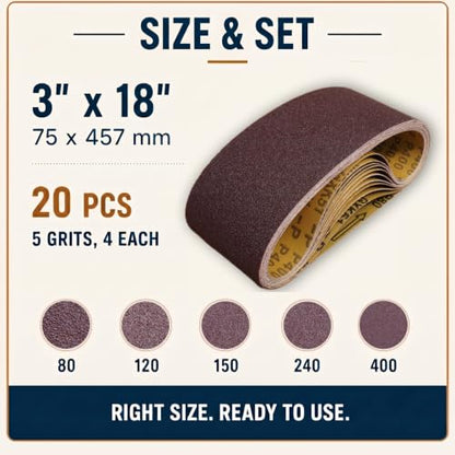 3x18 Sanding Belts, 20 Pack, 4 Each of 80/120/150/240/400 Grits - size: 3 x 18 in, 20-Pack
