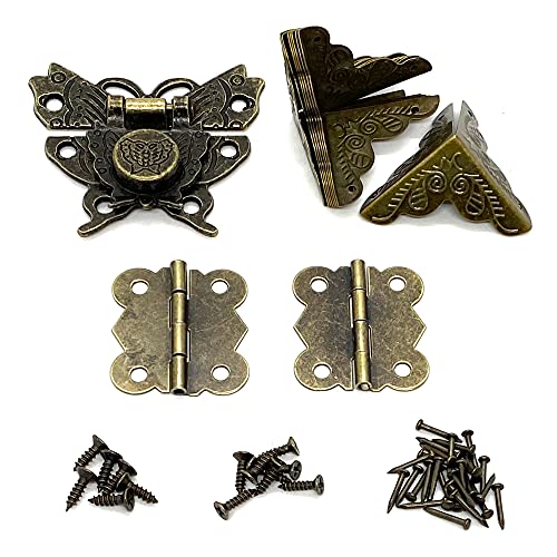 2 Sets Antique Hasp Latch Lock Hinges Corner Protector Hardware Kit