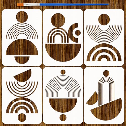 FINGERINSPIRE 6 Pcs Rainbow Geometry Painting Stencil with Paintbrush 11.7x8.3 inch 6 Styles Modern Abstract Geometric Shapes Stencils Boho Minimalist Art Stencil for Painting on Wood Home Decor
