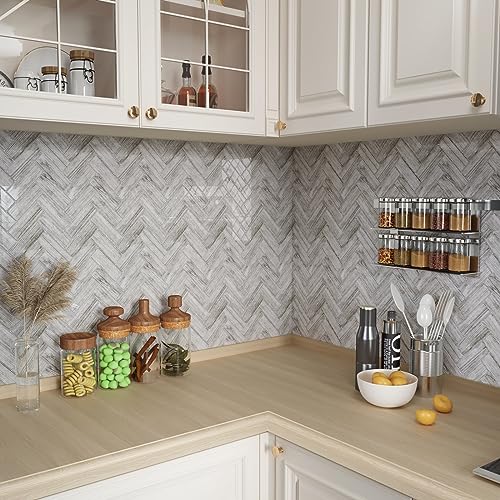 CRE8TIVE 4 Sheets Herringbone Peel and Stick Backsplash for Kitchen Bathroom 12"x12" Self Adhesive Tile Stickers Light Wood Look Wall Tiles - color: Light Wood Grain, size: 12"x11.8" (4-Sheets)